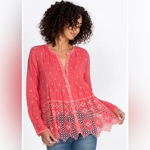 Johnny Was Baez Phaedra Pleated Embroidered Blouse